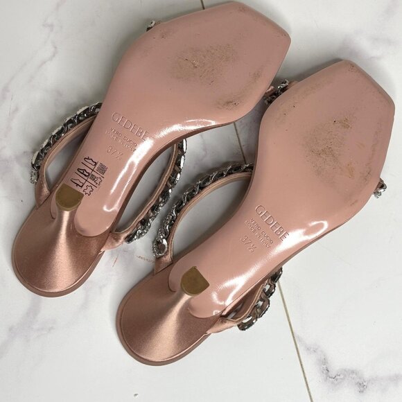 Gedebe Beige Satin LILY Crystal Embellished Chain Kitten Heel Mules Sandals 37.5 - Picture 9 of 9